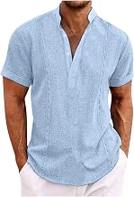 Linen Shirt for Men UK Short Sleeve Henley Shirt Classic Solid Cotton Linen Button Up Blouses Summer Loose Casual Cotton Linen Pullover Tops Comforty Breathable Office Business Tees