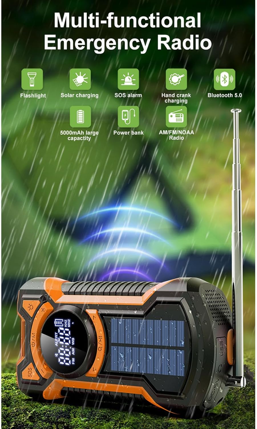 XUMIUZIY Emergency Hand Crank Radio, Portable NOAA AM FM WB Weather Radio, Water Proof Solar Powered Weather with 5000mAh LED Flashlight for Outdoor
