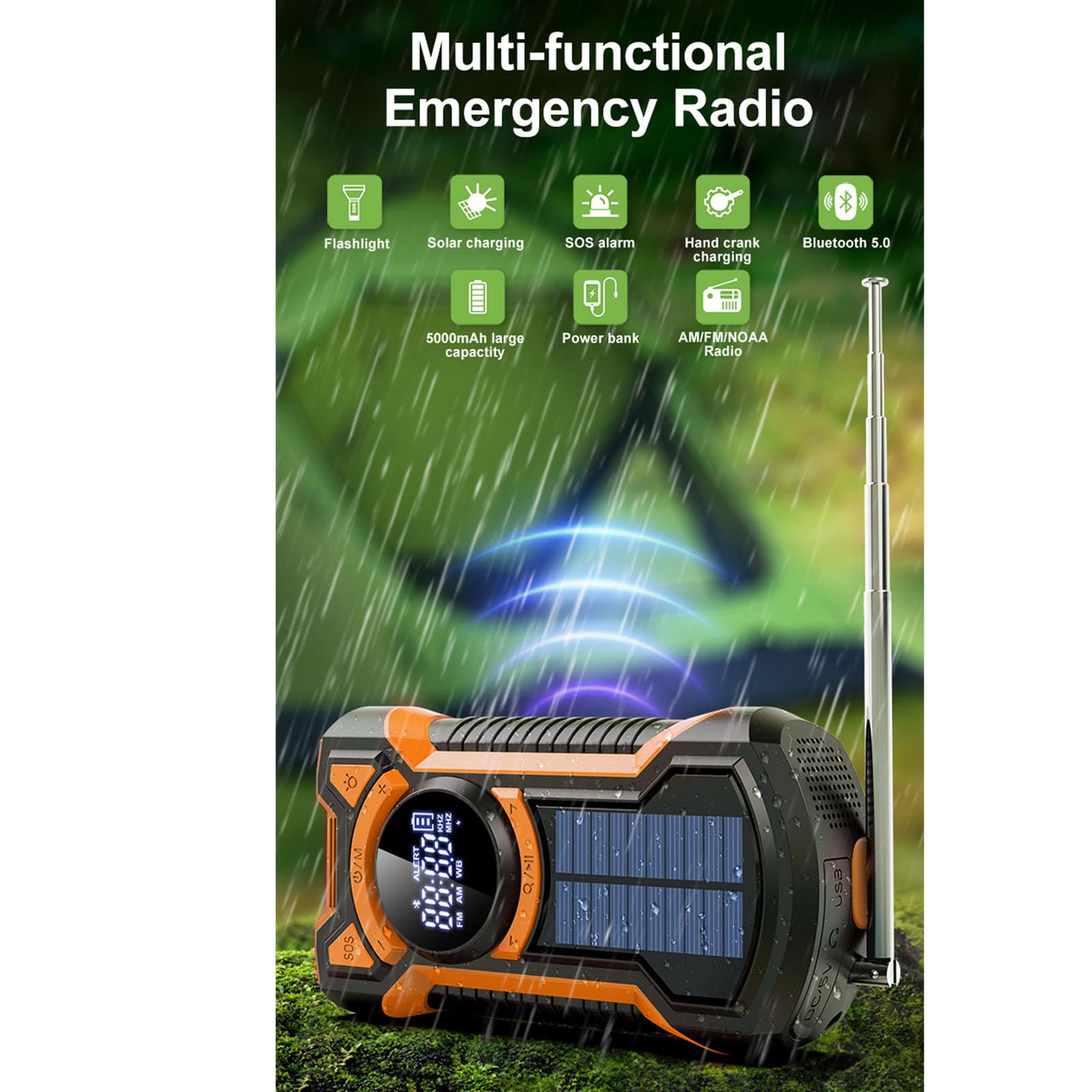 Radio de Emergencia 5000mAh Radio Meteorológica NOAA Am FM WB con Manivela Solar, Linterna LED SOS y Cargador de Teléfono, Radio Portátil a Prueba de Agua IPX5, Bluetooth 5.3 para