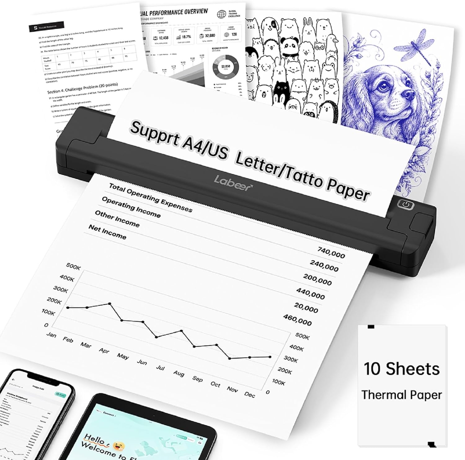 Labeer Portable Inkless Wireless Printer, Support 8.5"x11" US Letter/Legal, A4 & A5 Thermal Paper Works with Android, iOS & Laptop(with 10 Folded Thermal Paper)