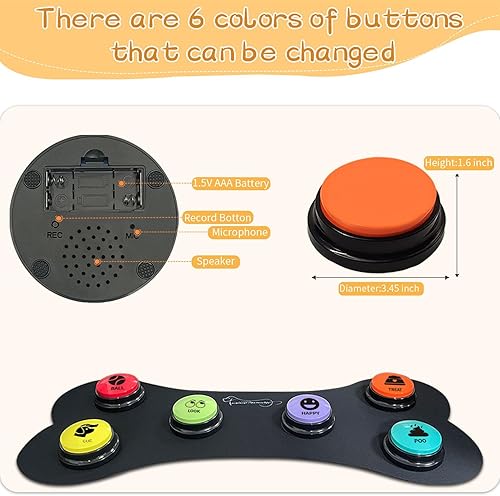 Miniatura 4 de RIBOSY Juego de zumbadores de entrenamiento de voz de perro, 6 botones grabables con alfombrilla de goma antideslizante y 50 calcomanías, graba y