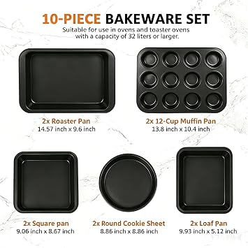 10PCS Nonstick Baking Pans Set - Bakeware Sets for Cooking, Oven and Dishwasher Safe, Non Toxic, Includes Cookie Sheets for Baking, Muffin Pan, Bread Pan, Cake pan, Loaf Pan Roasting Pan Black