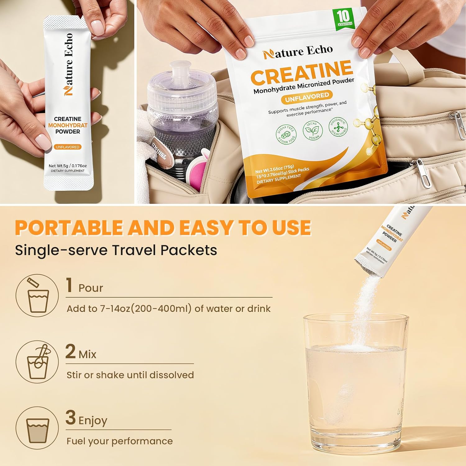 Creatine Monohydrate Micronized Powder - 30 Single-Serve Travel Packs 5g - Clean, Unflavored Creatine for Men & Women to Muscle Growth, Vegan, Gluten-Free, no Sugar