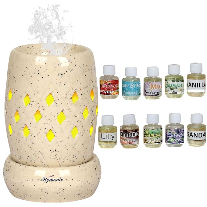 SIGNAMIO Ceramic Aroma Burner Diffuser For Home Fragrance Lamp For Home,Office, Bathroom, Pooja Room, Meditation, Yoga - Dn-3 (10 Different Fragrances)