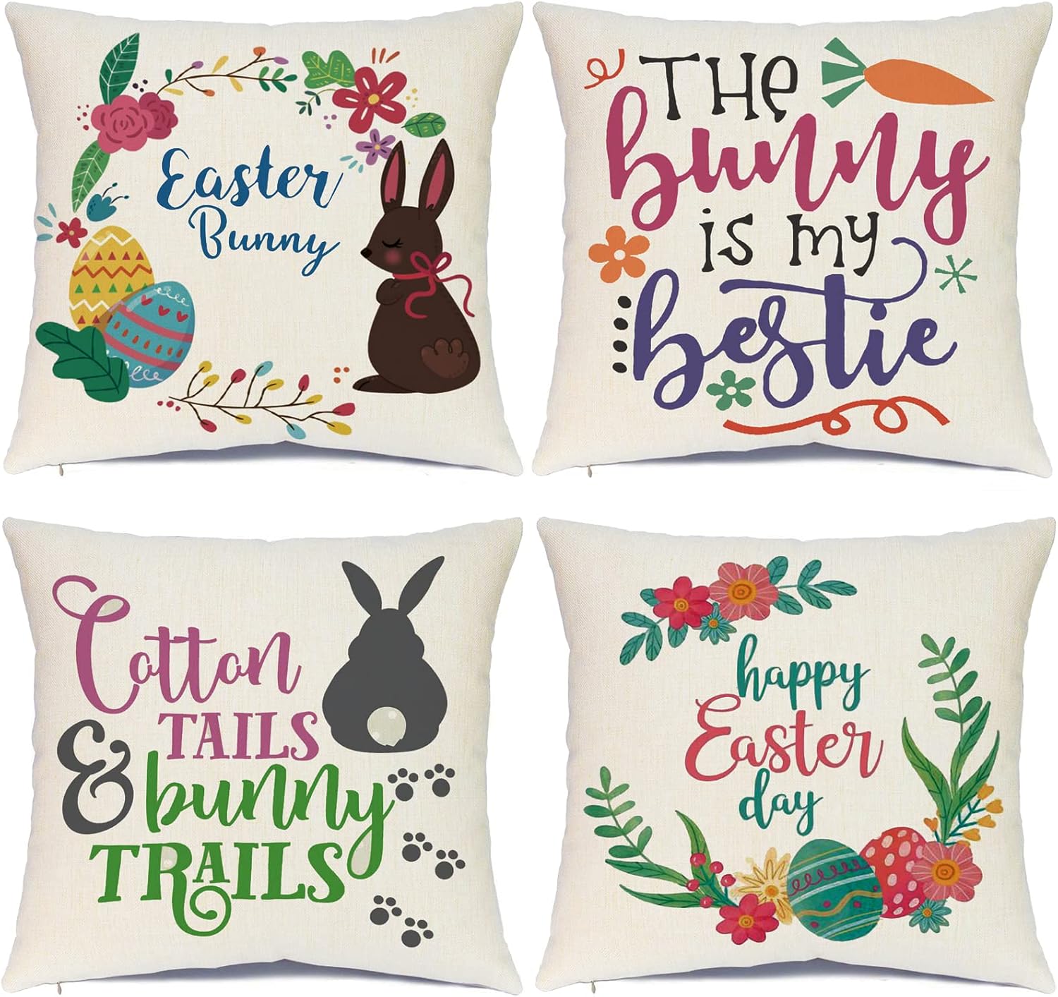 Hlonon Easter Pillow Covers 18x18 Set of 4 Easter Pillow Case Rabbit Bunnies with Eggs Canvas, Cotton Linen Throw Pillows Covers for Couch Sofa Patio