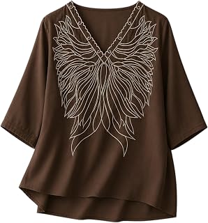 RIEKA Women's Embroidered Top for Women, Maroon V Neck Rayon, 3/4 Sleeve Casual Loose Fit Tunic, Boho Blouse for Women, Korean Style