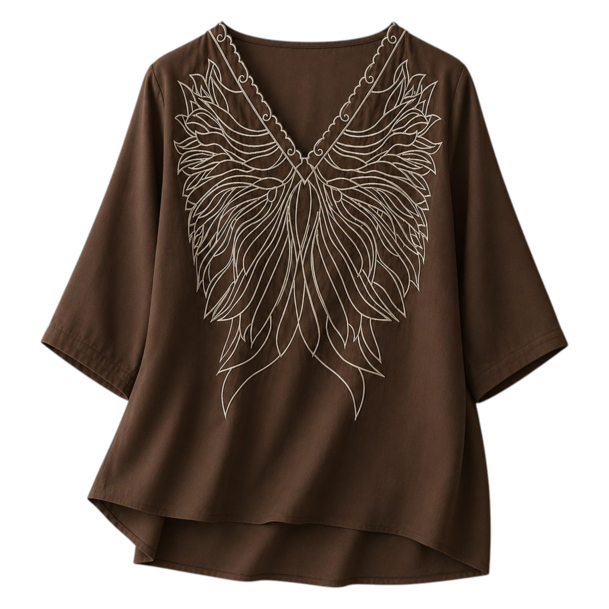 RIEKA Women's Embroidered Top for Women, Maroon V Neck Rayon, 3/4 Sleeve Casual Loose Fit Tunic, Boho Blouse for Women, Korean Style