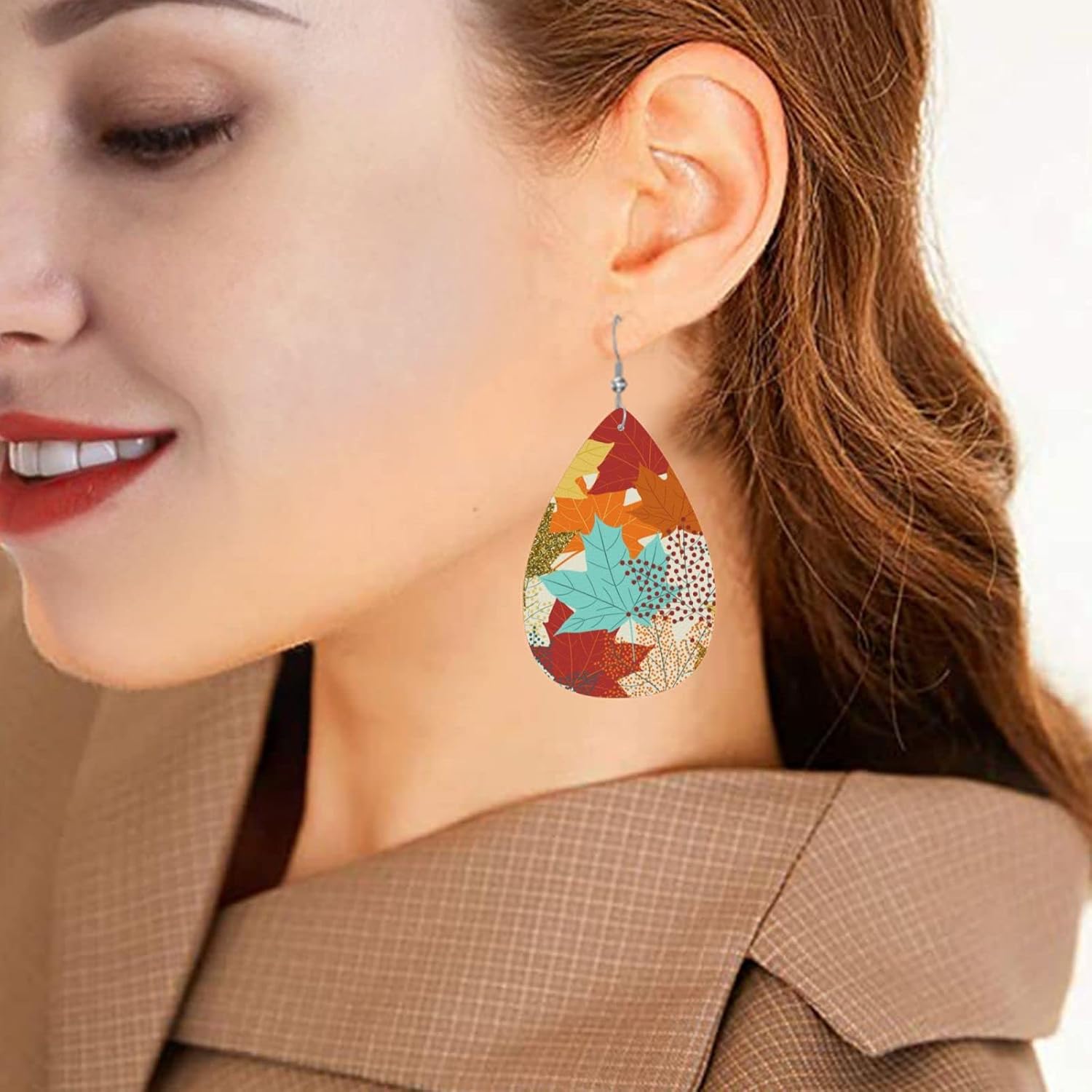 Colorful Autumn Fall Maple Leaves Faux Leather Teardrop Earrings for Women Drop Dangle Earrings Gift - Image 7