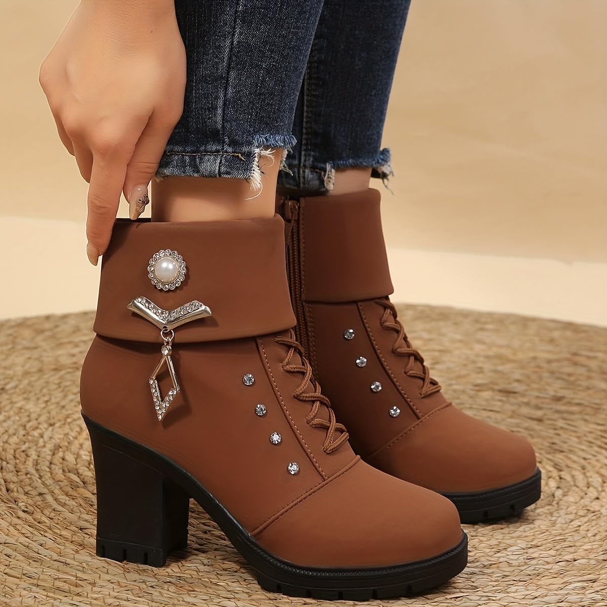 Women's Chunky Heeled Short Boots, Rhinestone Decor Lace Up Block High Heels, Fashion Side Zipper Ankle Boots