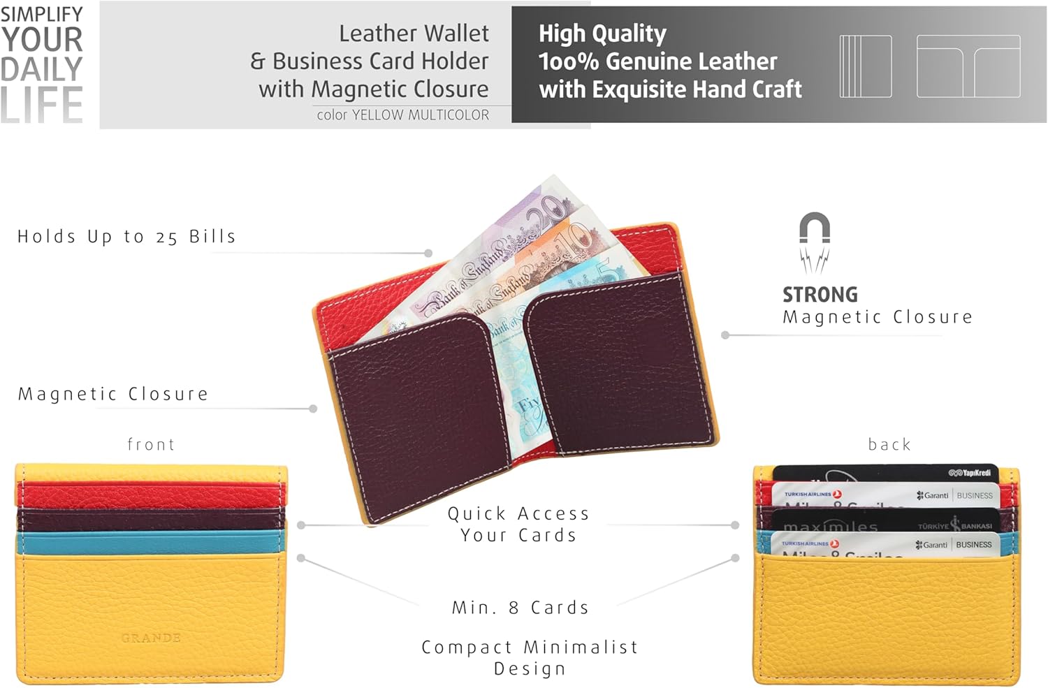 grande 762 Genuine Leather Card Holder For Men Slim Minimalist Card Case Small Magnetic Wallet - Yellow Multicolor - Image 4