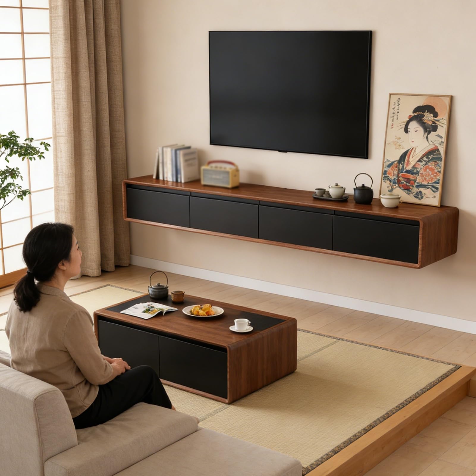 Mueble TV Flotante, Mueble TV Suspendido para Pared, Consola Entretenimiento Moderna, Armario Televisión con Puertas Y Cajones Ideal para Salón Y Dormitorio(BrownC,200cm)