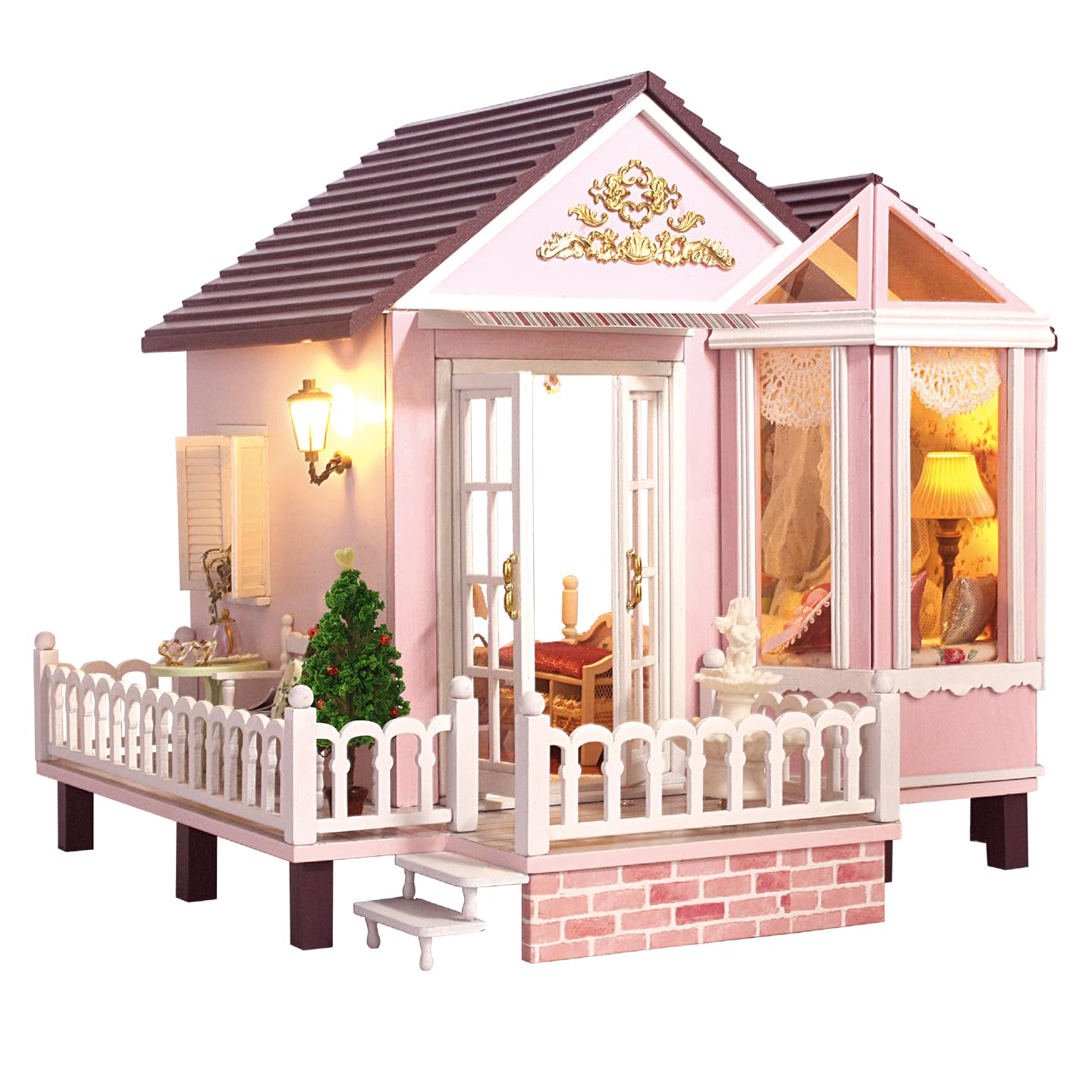 CUTEROOM Kit fai da te in miniatura per casa delle bambole – Casa dei sogni rosa con mobili e LED fatto a mano modello casa per adulti, regalo creativo, decorazione per la casa e scena da collezione