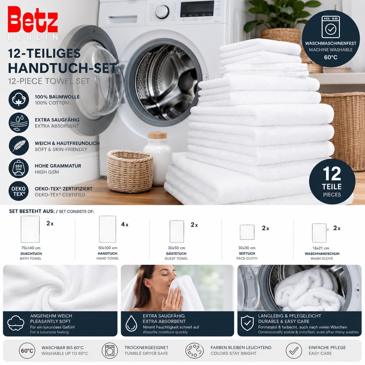 Betz Berlin Handtuch-Set 12-teilig 100% Baumwolle Oeko-TEX Zertifiziert extra saugfähig weich hohe Grammatur Weiß