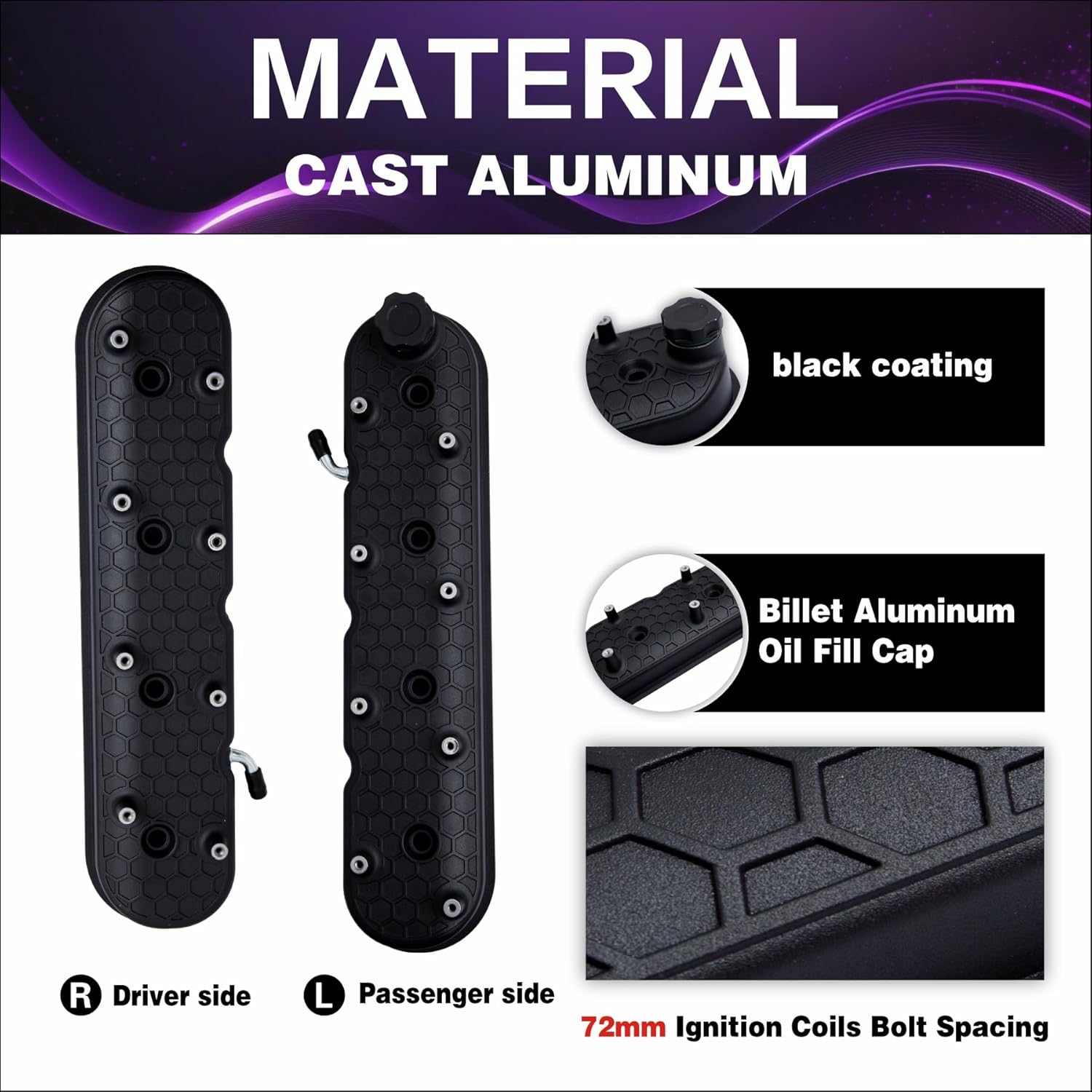 Cast Aluminum Valve Covers with Coil Mounts for LS LS1 LS2 LS3 LS6 LS7, Tall Raised Honeycomb Design, Black
