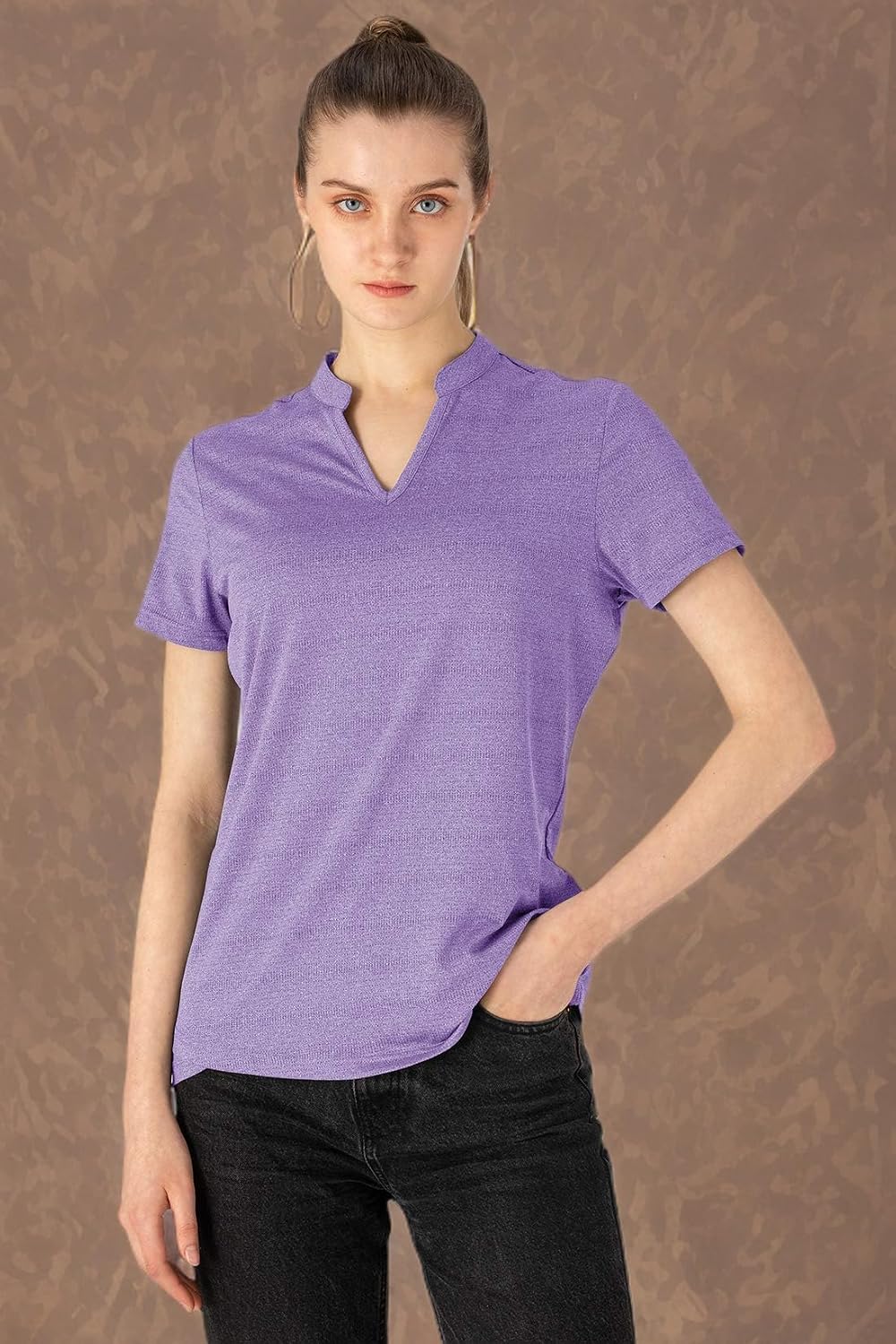 YSENTO Women's Dry Fit Golf Polo Shirts Tops Short Sleeve V Neck Collarless Apparel Shirts Clothes