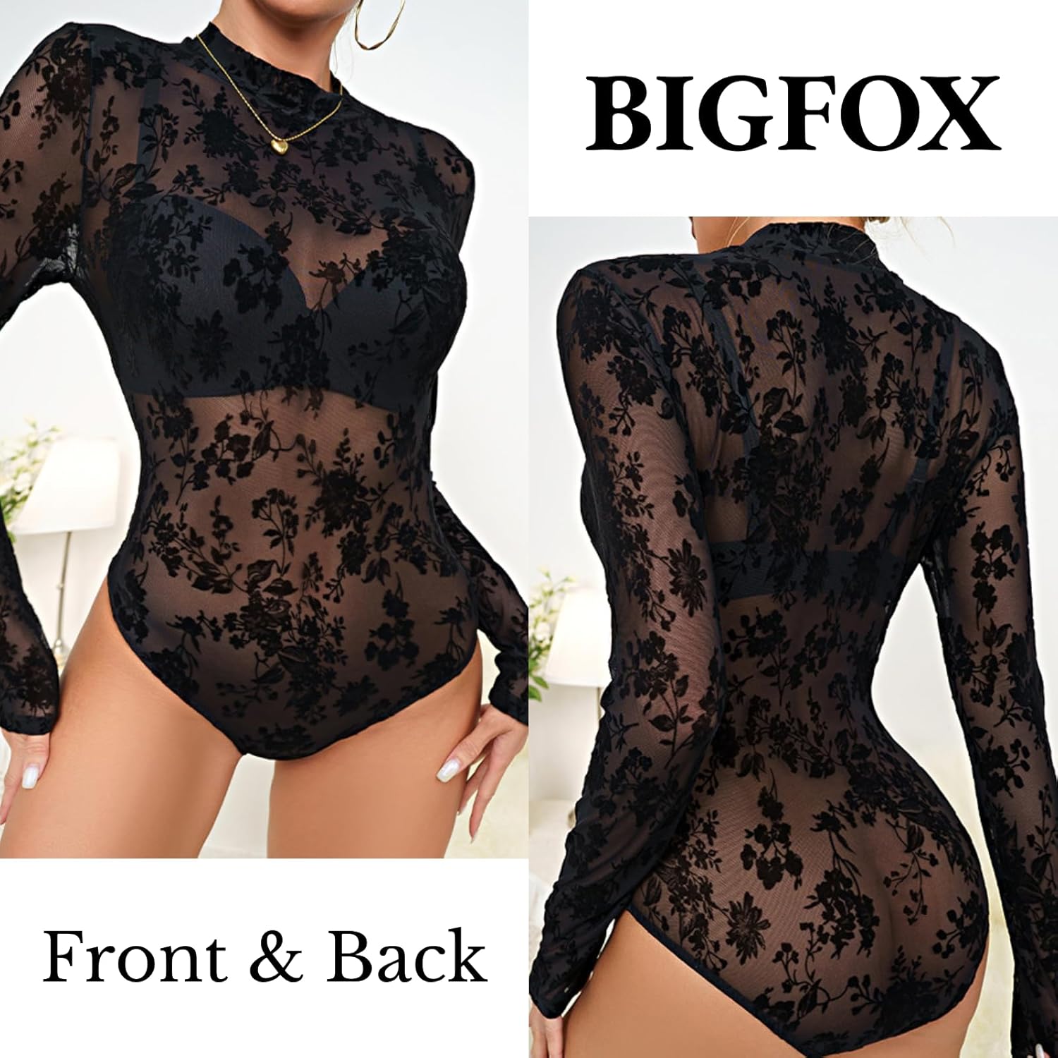 BIGFOX Women's See Through Bodysuit, Black Long Sleeve Lace Floral Mesh Leotard Shapewear Jumpsuit for Going Out, Club, Rave - Image 3
