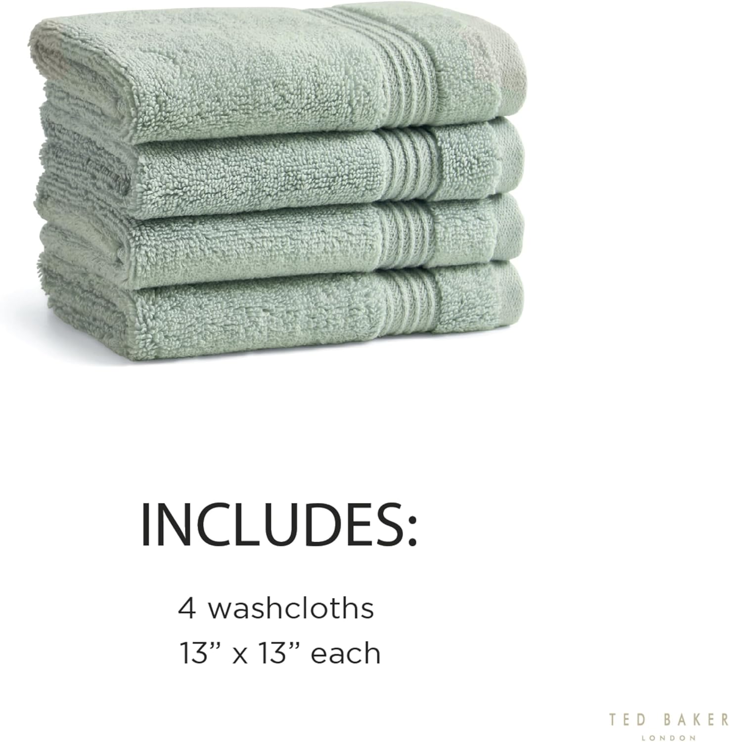 Ted Baker 4-Pack Washcloth Set - 100% Cotton - Soft, Highly Absorbent - 13" x 13", Sage Green