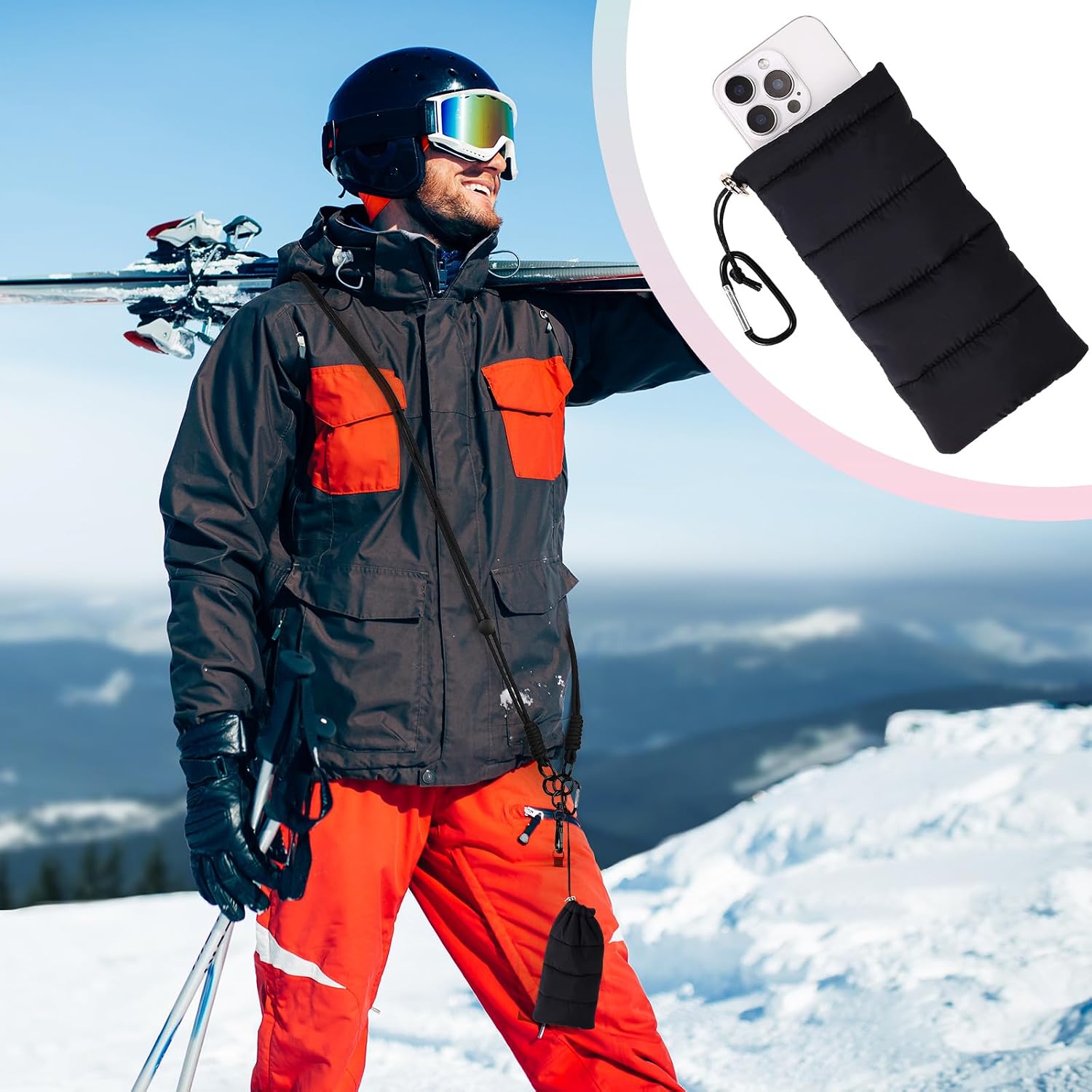 Lyreh Thermal Phone Pouch with Lanyard & Connector Kit, Down Cotton Warm Phone Case Prevent Overheating & Freezing for Outdoor Camping Hiking Skiing (Black)