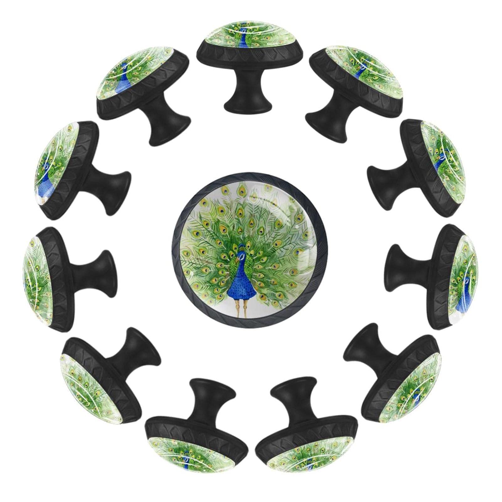 Boutons de tiroir ronds motif paon 35 mm, finition aquarelle pour meuble de crèche