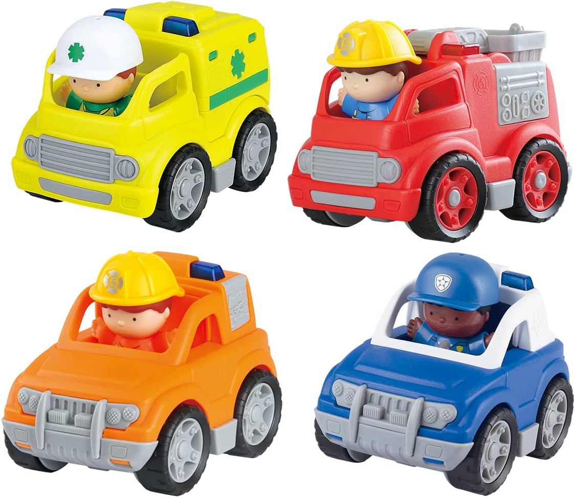 Four individual PLAY Mini Wheels vehicles with their drivers.
