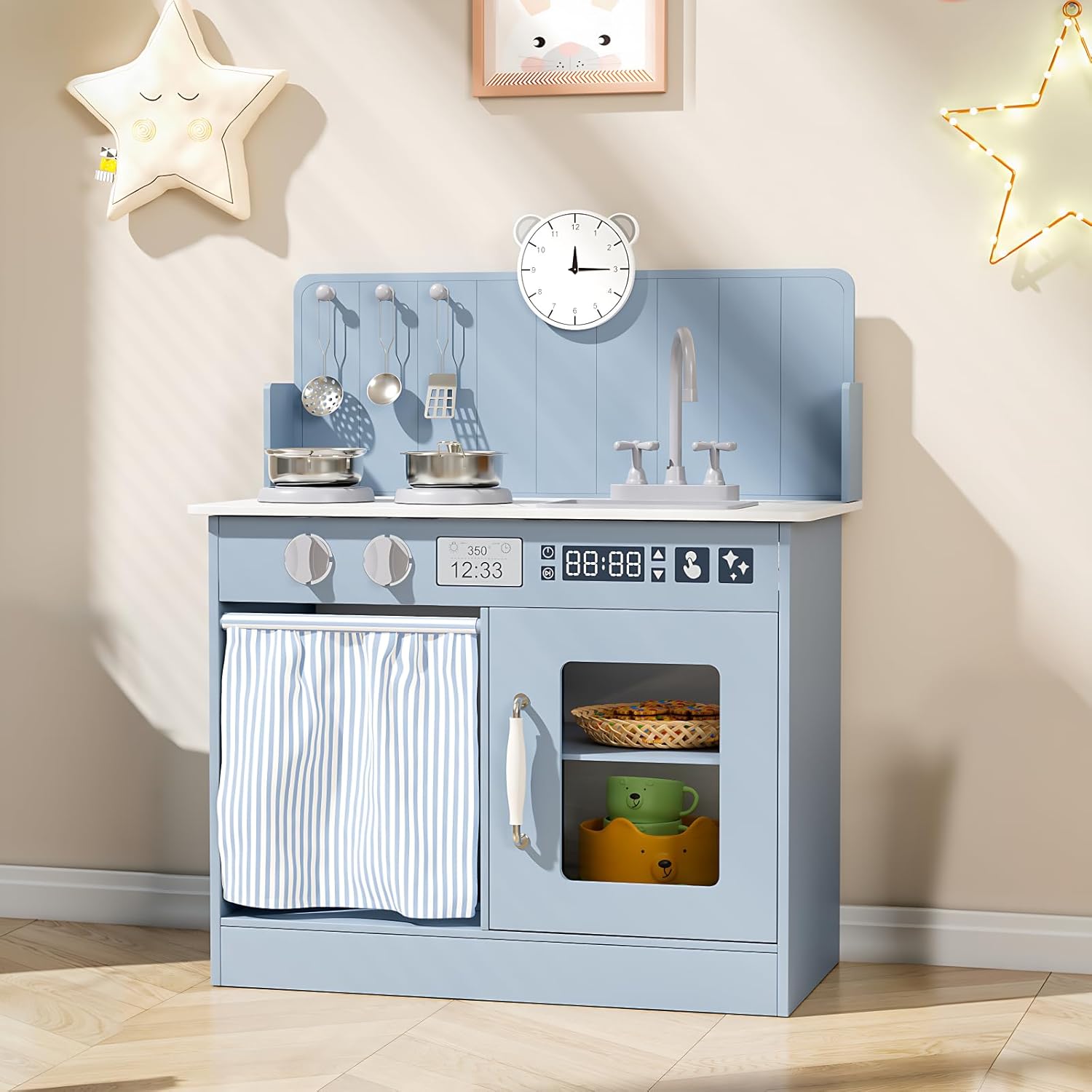 MAMIZO Play Kitchen for Toddlers, Wooden Kids Toy Kitchen Playset with Smart Storage, Ultimate Interactive, Simulated Gas Cooker, Sink & Faucet, 6 Pcs Cookware & Educational Clock (Blue)