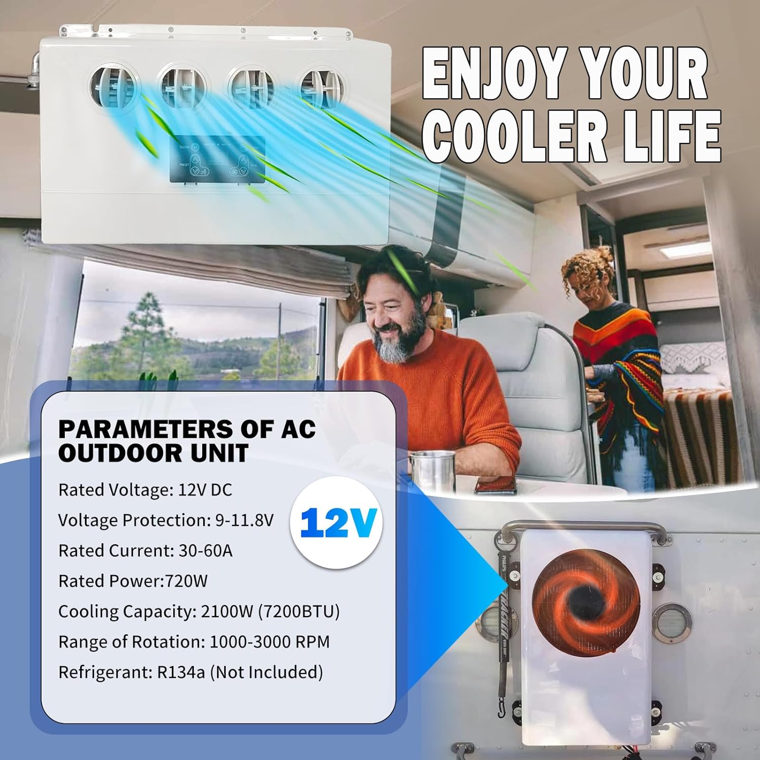 12V Air Conditioner Split Truck Parking AC Unit, 12 Volt DC Inverter Air Conditioner, Quiet A/C Units 800W Powerful Cooling For Semi-Truck, Bus, Excavator, Crane Truck, Van, Trailer, Forklift