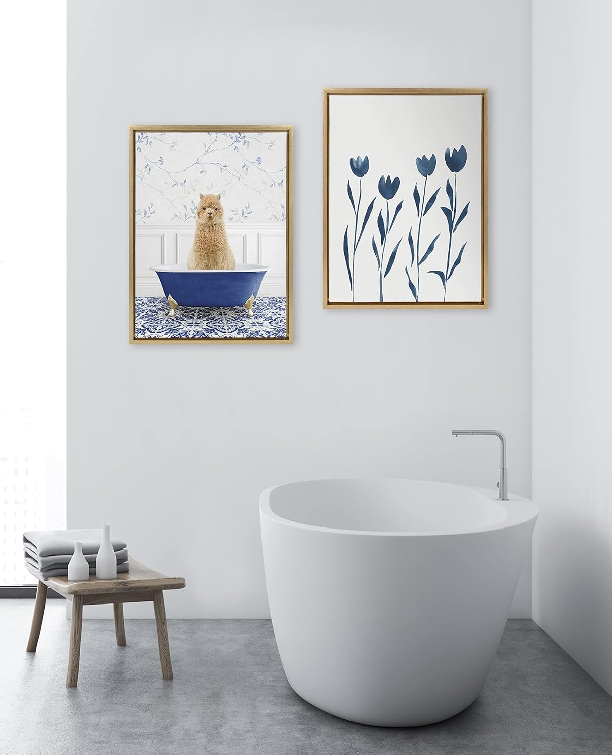 Kate and Laurel Sylvie Alpaca In Eclectic Blue Bath Framed Canvas Wall Art by Amy Peterson Art Studio; 18x24 Gold; Adorable Animal Art Bathroom Wall Décor
