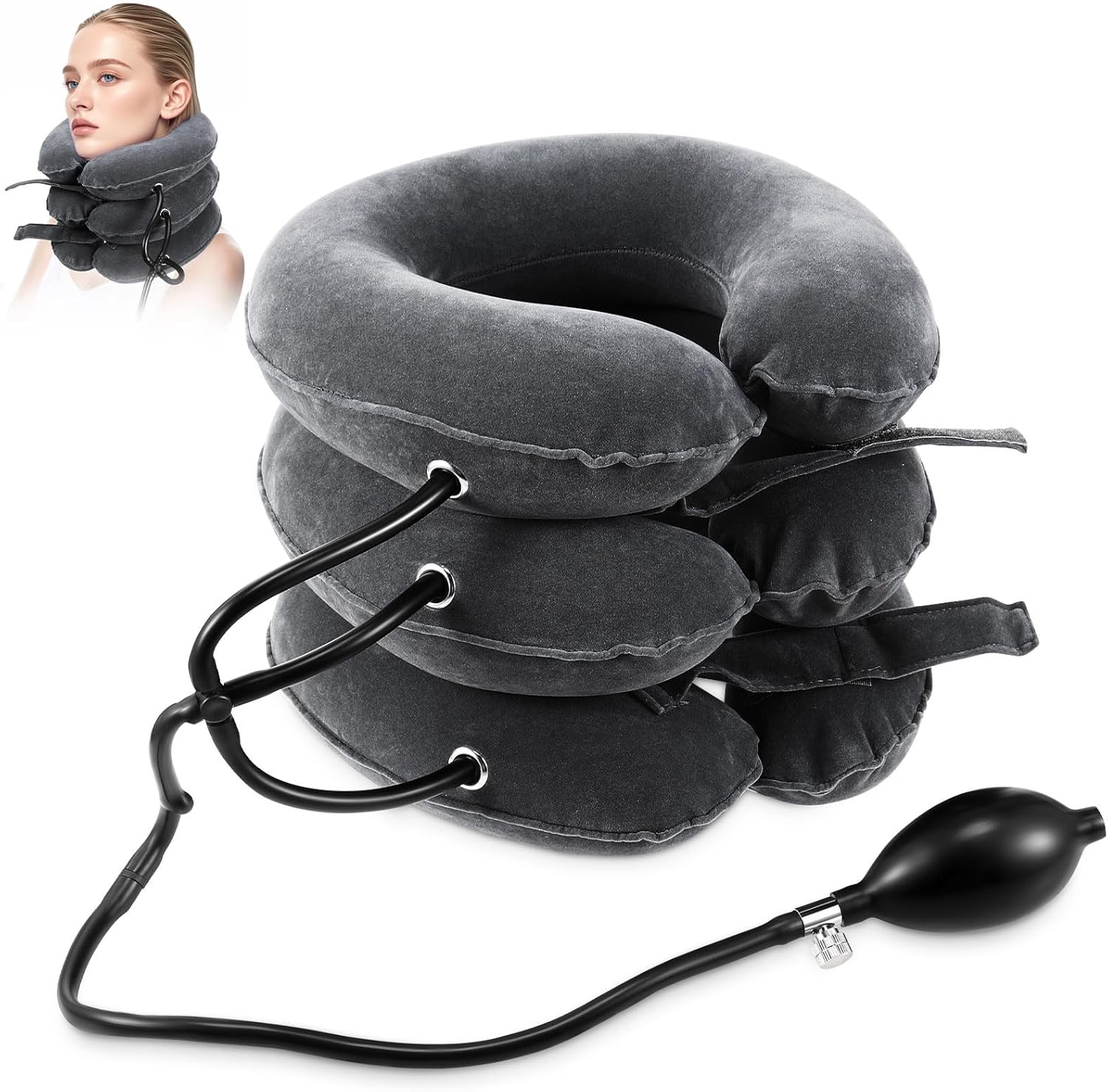 Neck Stretcher, Cervical Traction Device, Neck Traction Device, Neck Pain Relief, Adjustable Inflatable Neck Brace & Neck Stretcher, Neck Decompression Home Use (Dark Gray)