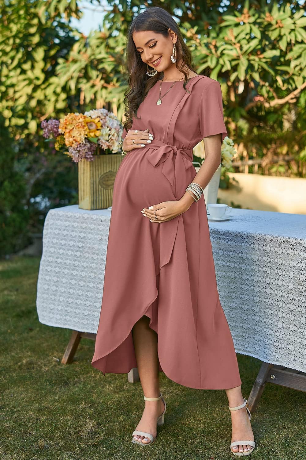 Arach&Cloz Womens Maternity Dress 2023 Summer Short Sleeve Maxi Dresses for Nursing Photoshoot Baby Shower - Image 4