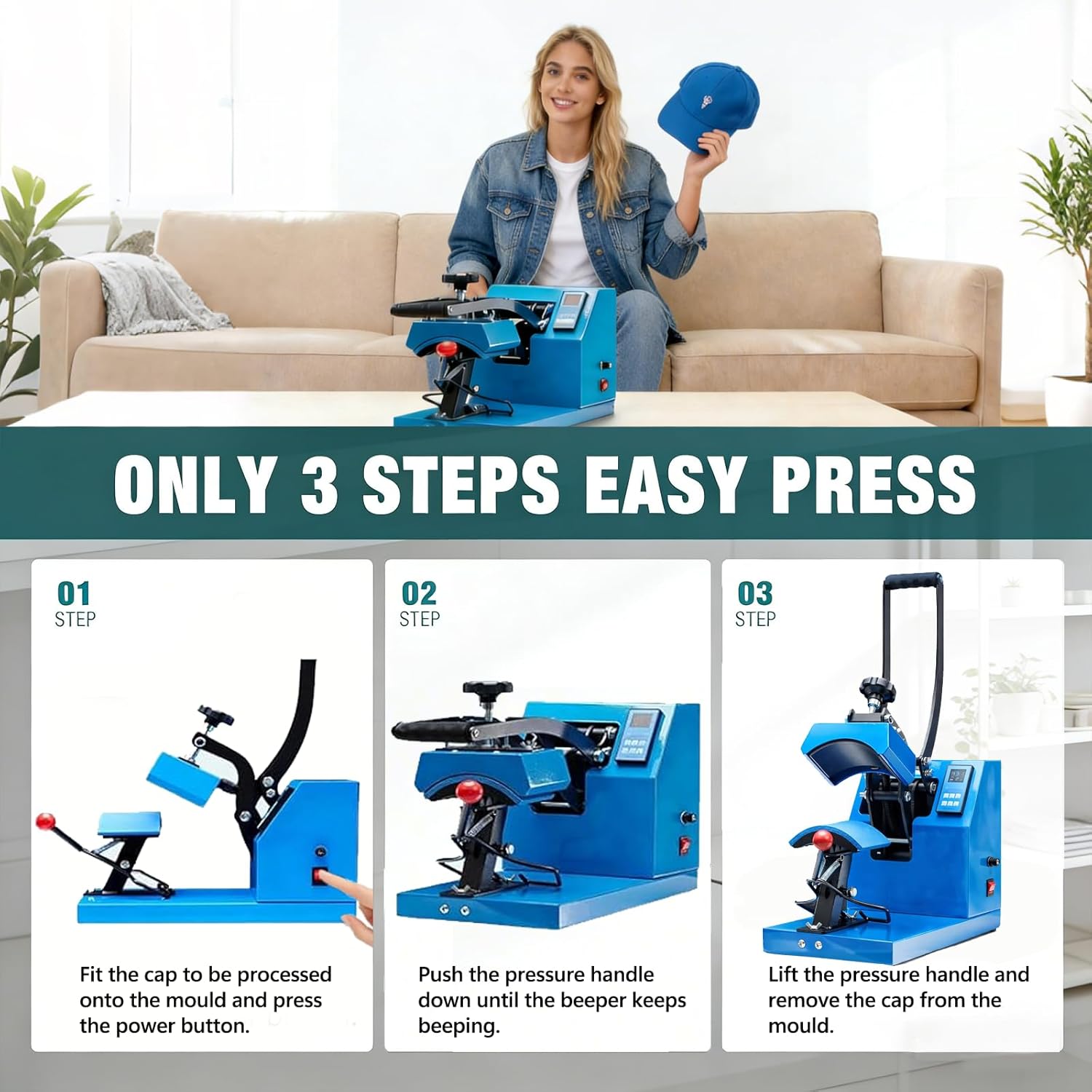 Simple Deluxe Hat Heat Press Machine for Caps, Curved 3.2" x 5.5" Plate, LED Digital Temperature Control 32°F–570°F with Memory Mode, Ideal for Logo, Name and Patch Transfers on Various Caps
