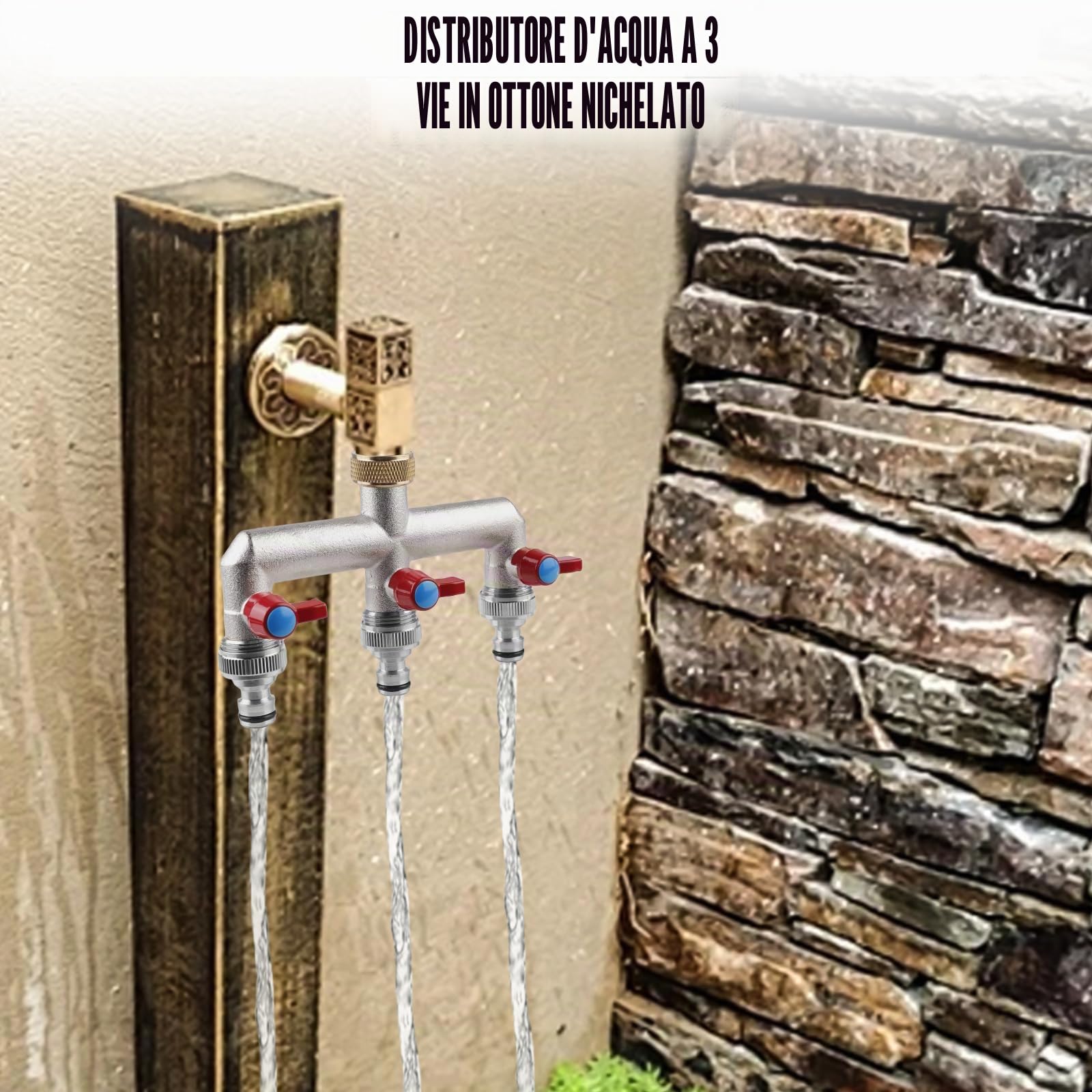 Distributore dell'acqua per rubinetto a 3 vie: distributore d'acqua da giardino in ottone per 3 adattatori per tubo da giardino, 3 distributori da 3/4", adattatore da 1/2", con valvola a sfera per la