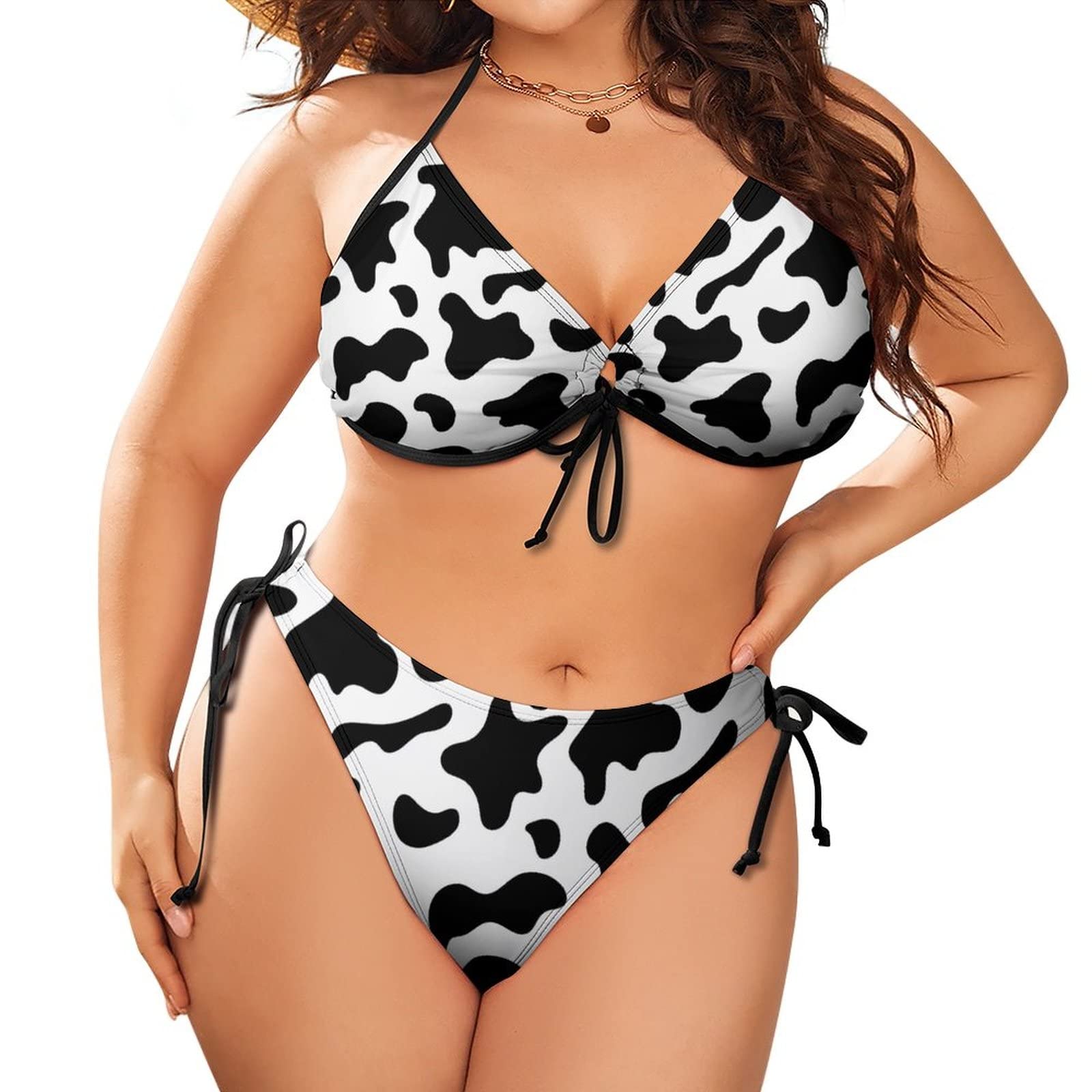 Fwjzdsp Unisex As Pic Cowhide Milk Cow Print Women's Bikini Sets Sexy Plus Size 2 Piece Swimsuit Swimwear Bathing Suits