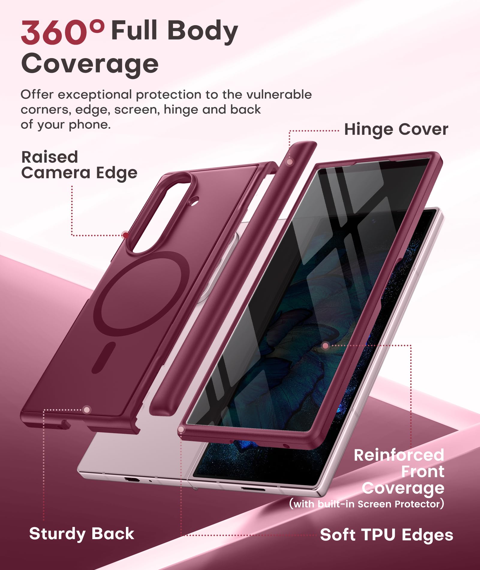 BERFY Hülle für Galaxy Z Fold 7 mit Datenschutz Displayschutz,rot | Kompatibel mit MagSafe, versteckter Ständer, Scharnierschutz in Militärqualität, stoßfest, magnetisch, schlanke Handyhülle