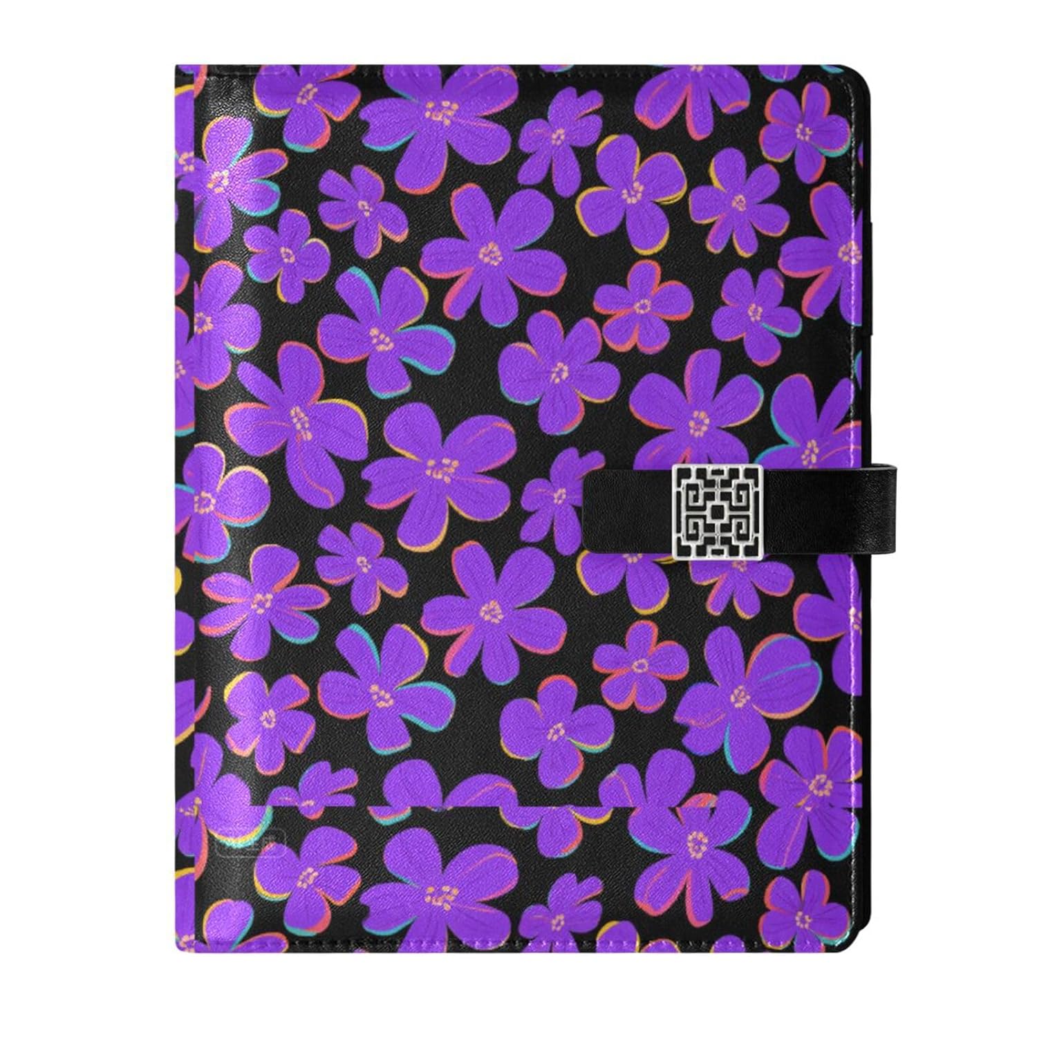decor gift Leather lined spiral notebooks Purple Flowers Black Colored Pencil Art for journal portable 6.7×9.2 Inches ，Lined Paper 100 Pages