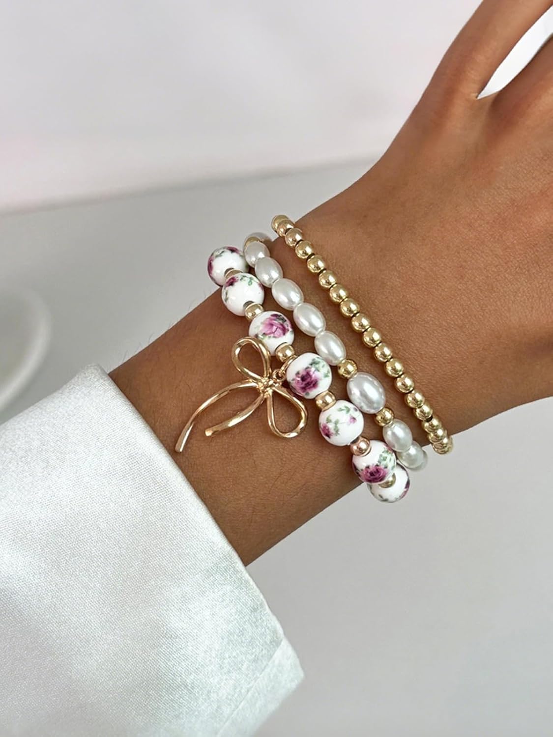 Gold Beads Bow Charm Bracelet for Women Dainty Flower Chain Stretch Bracelets Vintage Bow Ribbon Bracelet Layering Round Beads Pearl Link Bracelets Elegant Jewelry Gifts - Image 3