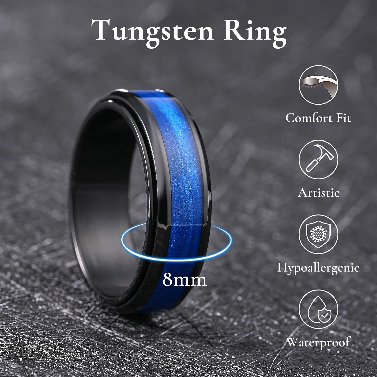 King Will Mens 8mm Stainless Steel Rings Anxiety Fidget Spinner Ring Black Plated Blue Green Galaxy Sand Inlay Beveled Edge Spinning Wedding Bands Comfort Fit Size 7-12