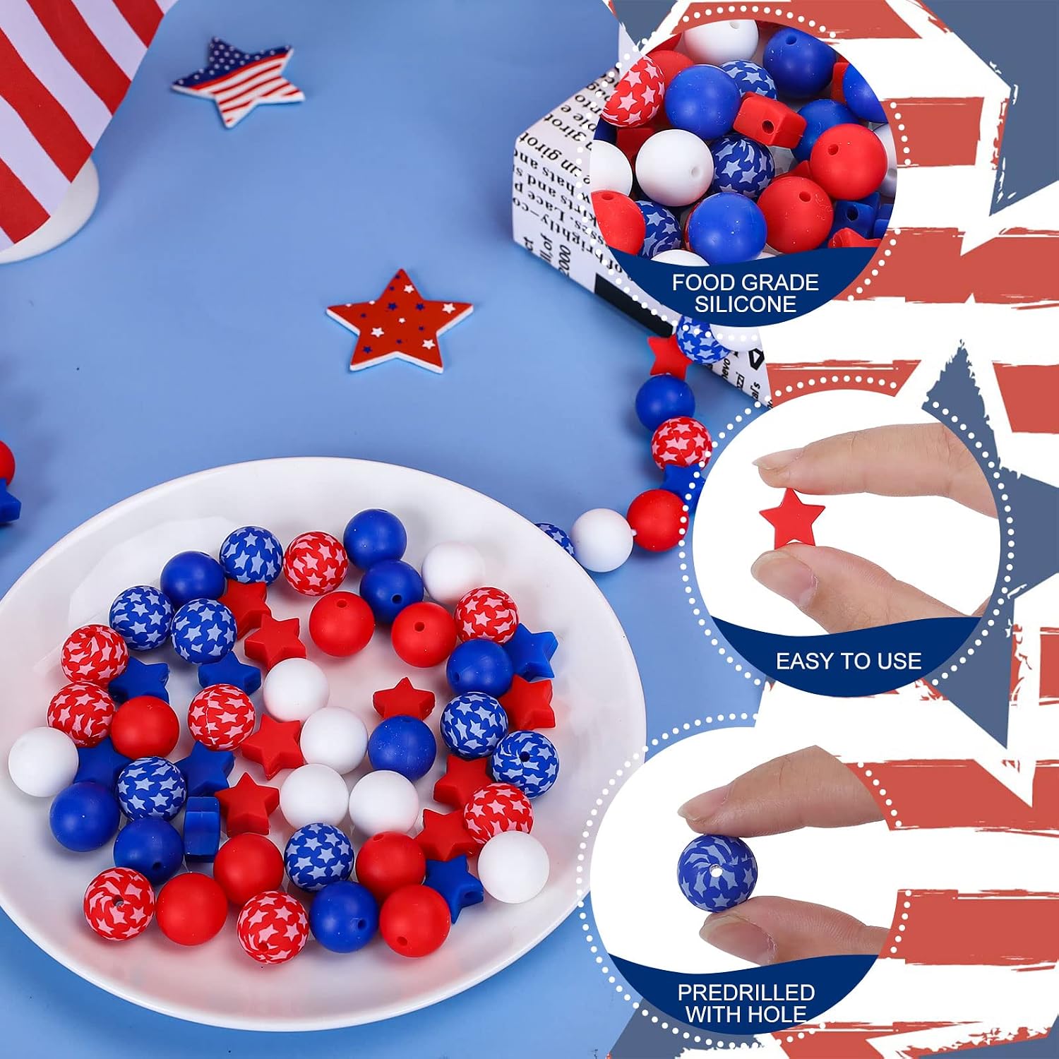 AnyDesign 105Pcs Patriotic Silicone Beads 4th of July Rubber Loose Bead Red Blue White Round Star Shape Spacer Beads with Elastic Rope for Independence Day DIY Crafts Jewelry Keychain Making
