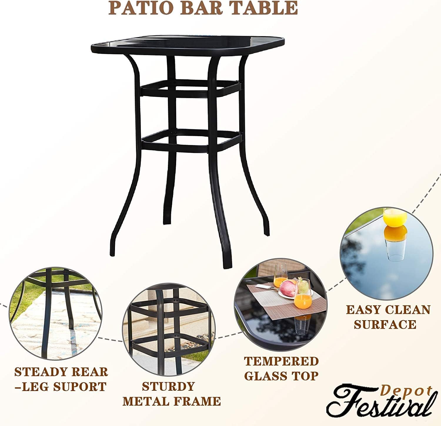 Festival Depot 3 Pcs Patio Bistro Set 360° Swivel Chairs with Bar Height Table with Tempered Glass Top Outdoor Furniture for Deck (Taupe)