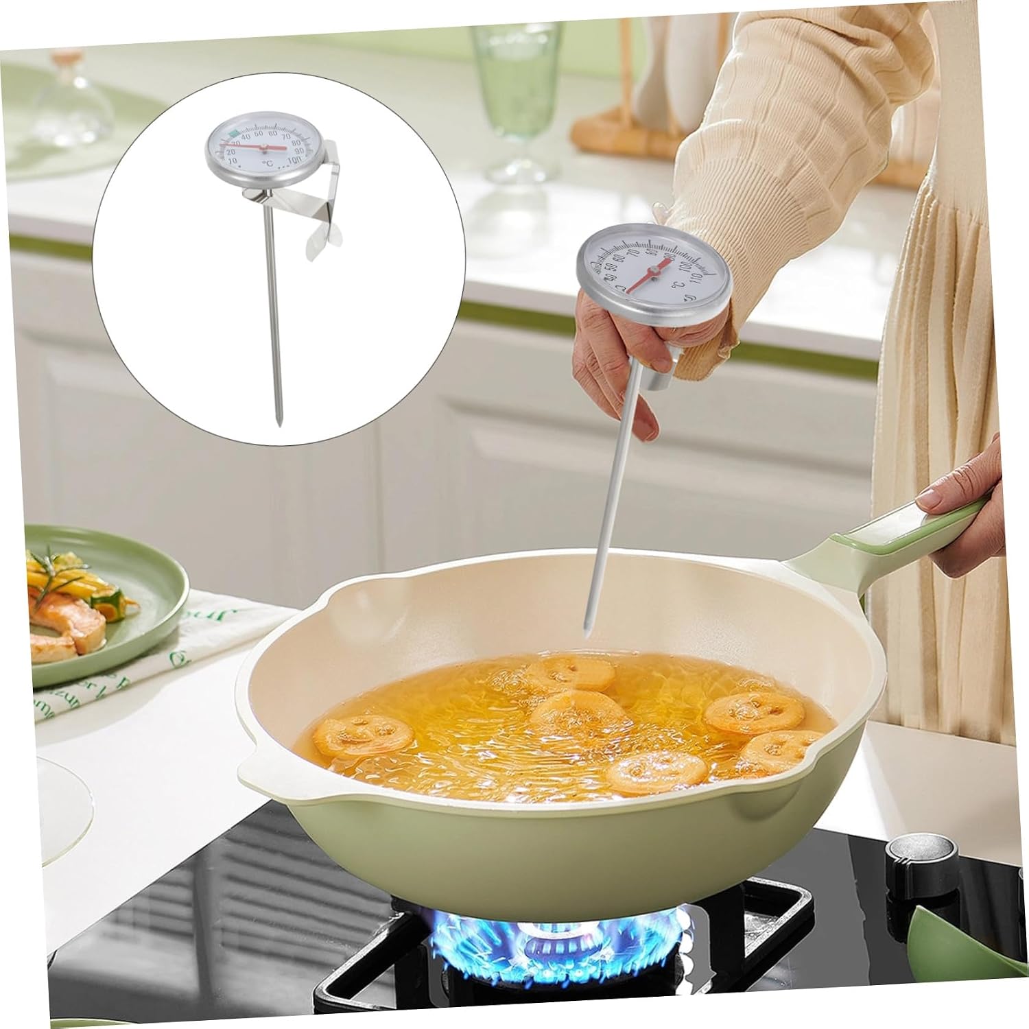 Stainless Steel Food Thermometer with Pot Clip, Accurate Temperature Control, 6-inch Long Probe for Cooking, Frying, Candy Making, and Kitchen Use, Silver