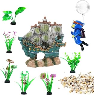 Aquarium Decor Set, Fish Tank Accessories Resin Broken Sailboat Ornament Betta Fish Hideout Cave with 6 Artificial Aquatic Plants 40+ Seashells 1 Floating Diver for Small Tank Landscaping Decor