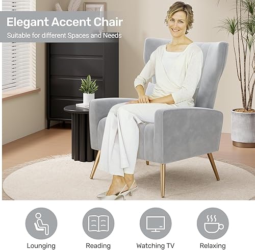 Miniatura 5 de Juego de 2 Sillas de Acento de Terciopelo Wingback para Sala de Estar, Silla de Brazos de Respaldo Alto con Patas Doradas y Almohada Lumbar, Sofá