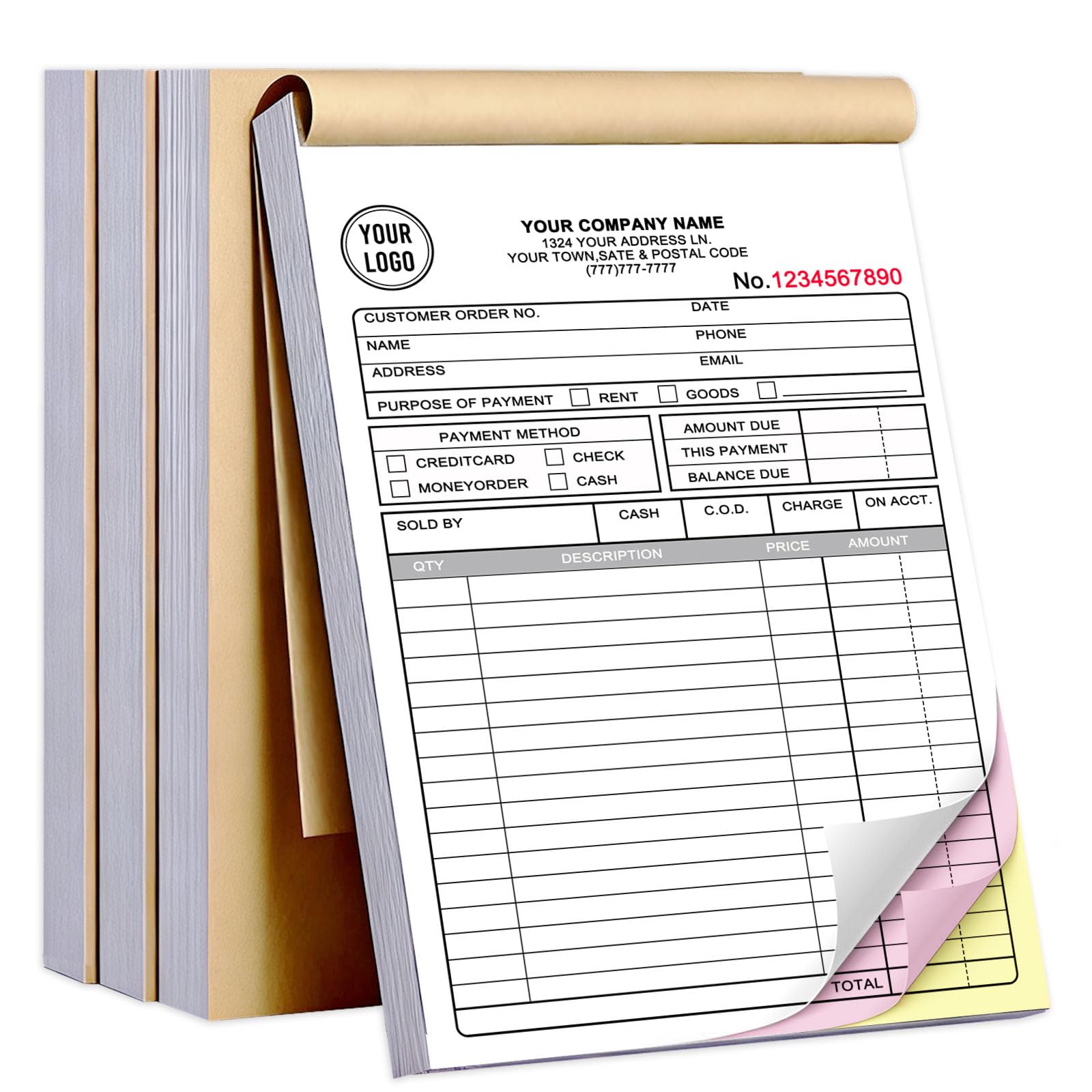Custom Invoice Book with Logo 100 Set Personalized Receipt Books Customized Invoices for Small Business 3 - Parts Carbonless Duplicate Invoice Forms NCR Books