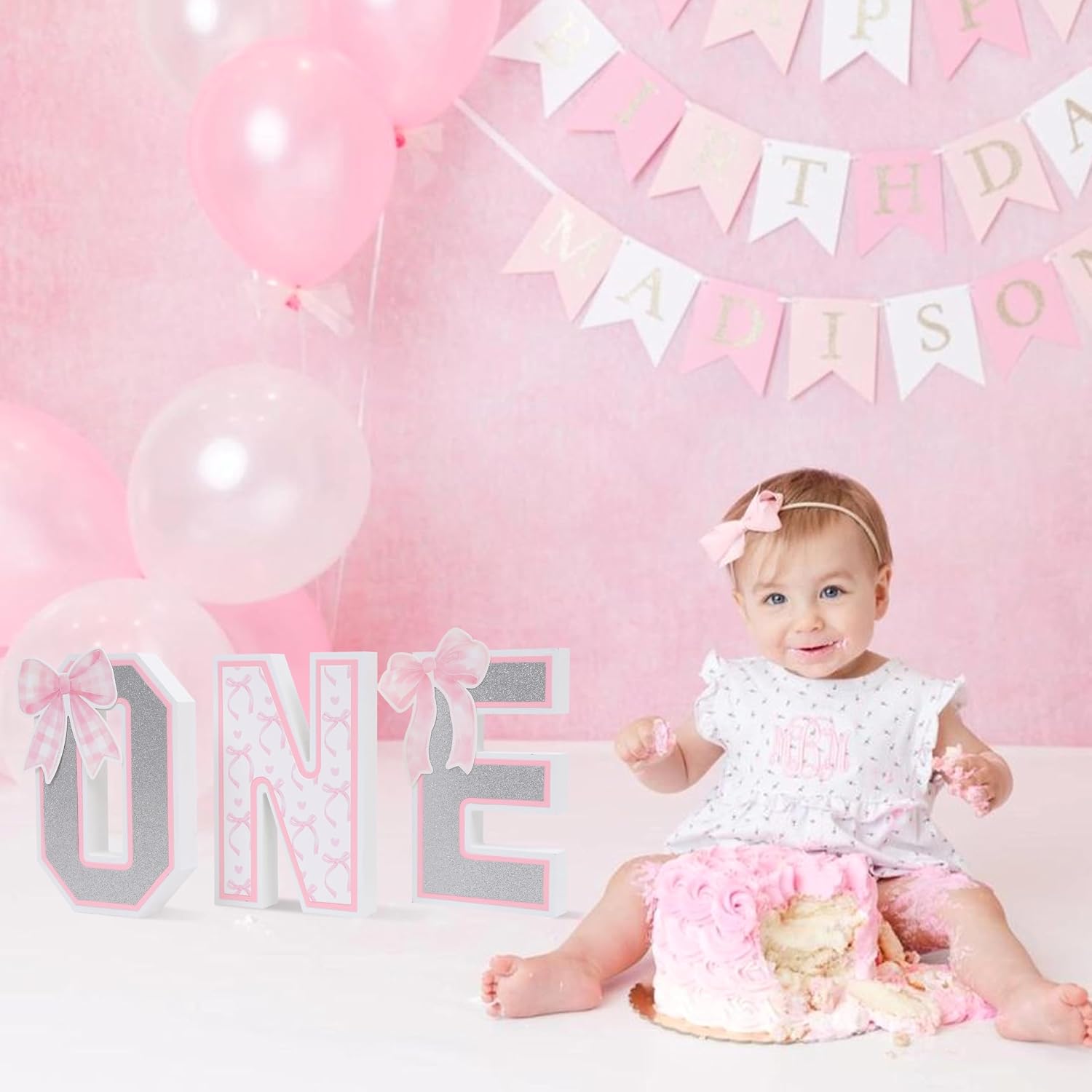 Bow ONE Sign-Diy Monthly Milestone Sign,First Birthday Decorations for Baby Girl,12 Months Photo Prop，3D Standing Letters