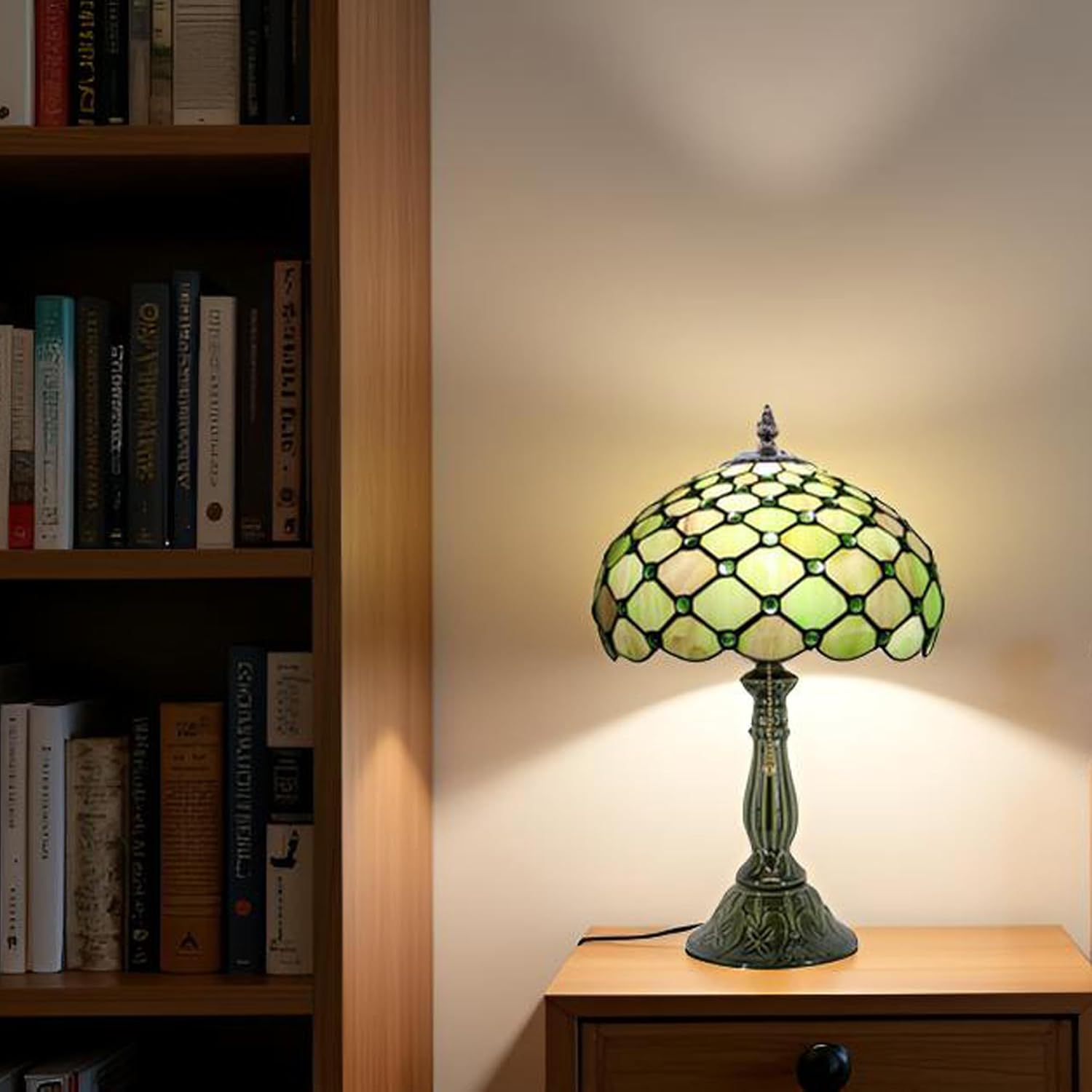 Tiffany Lamp Stained Glass Table Lamps Amber Green Pearl Style Desk Lamp12X12X18.5 Inch Bronze Ceramic Base Reading Light Suitable for Bedside Bedroom Living Room Dining Room Office