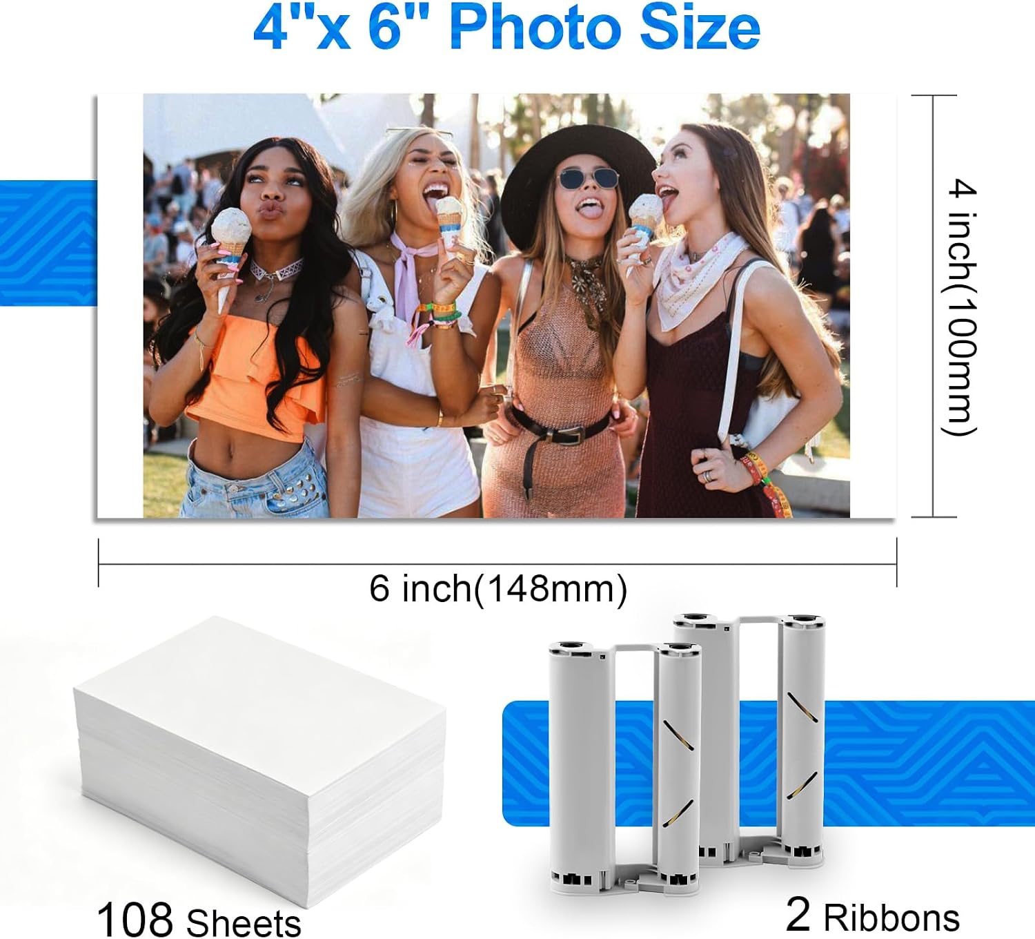 4"X 6" Photo Paper Refill Pack 108 Sheets and 2 Ribbons Cartridges, Compatible with Sprocket Studio Plus printer, 4x6 Paper Compatible for YP01 Photo Printer iOS & Android, Sticker Frames, Photo Album
