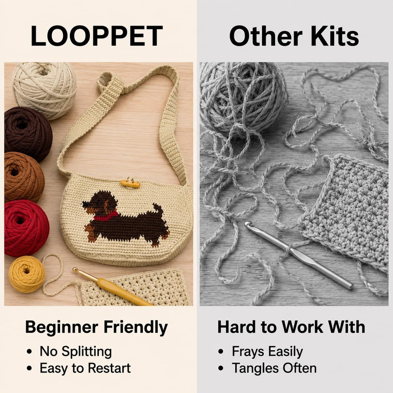 LOOPPET Crochet Kit for Beginners, DIY Pixel Art Dachshund Shoulder Bag