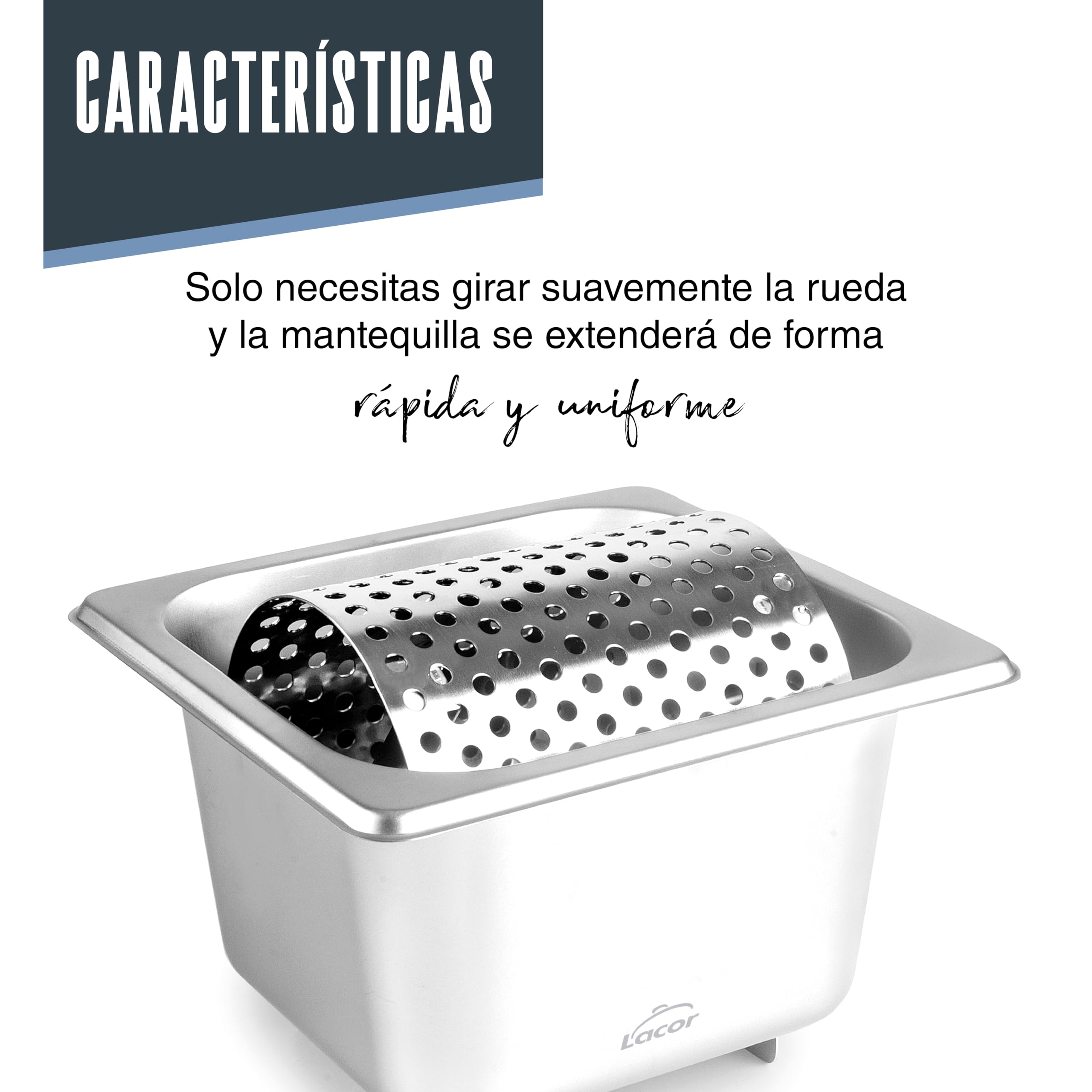 Lacor - 66001 - Rodillo de Mantequilla, Acero Inoxidable, Cubeta GN 1/6 de 1,6 Litros, Rueda Extraíble, Diseño Ergonómico, Ideal Para Untar en Pan o Hamburguesas
