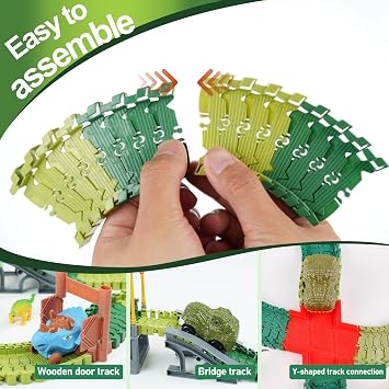 96 Pcs Dinosaur Flexible Track Expansion Kit for Kids - Birthday Gift for 3-5 5-7 Year Old Boys, Compatible with Most Dino Race Car Toys, Add-On Accessories for Building Track Sets