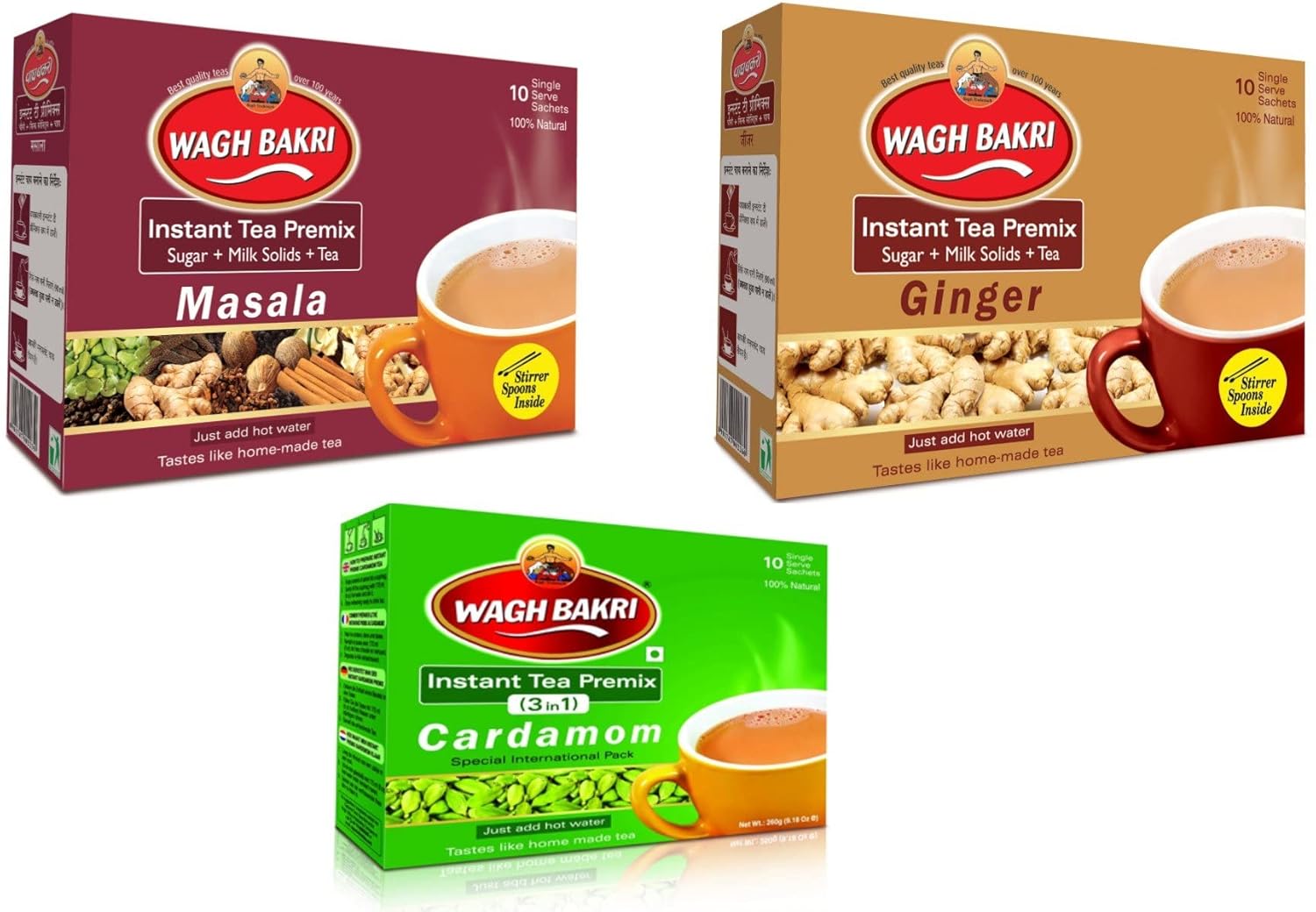 Wagh Bakri Instant Tea Premix Elaichi,Ginger&Masala Combo Pack,696
