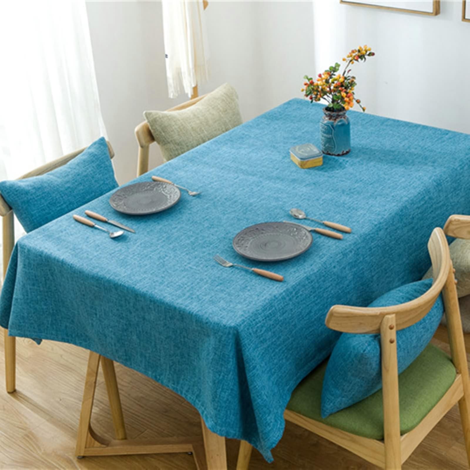 Tischdecke Rechteckig 140x160 cm, Tischdecke Baumwolle Leinen Fleckenschutz 2-4 Personen Himmelblau Tischtücher Hochzeit Deko